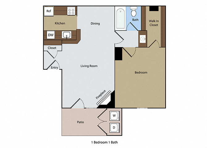 Floor plan for 1 bed, 1 bath, 620 sqft